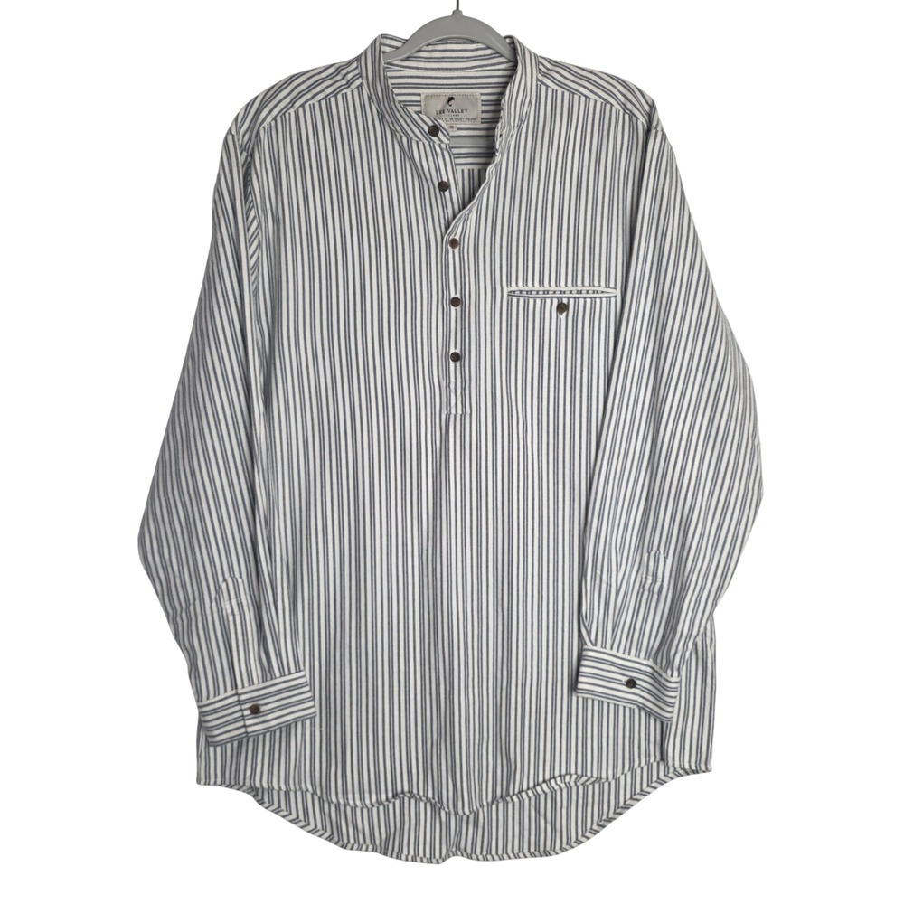 Lee Valley Ireland Mens Grandfather Shirt XL Blue Ivory Striped Cotton Flannel